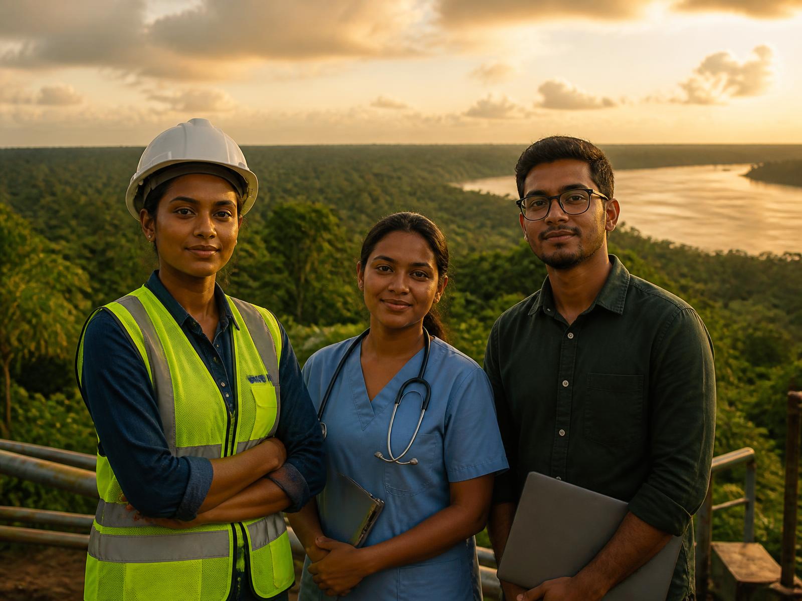 Guyanese engineer, nurse and software developer standing together at golden hour with rainforest and river behind them